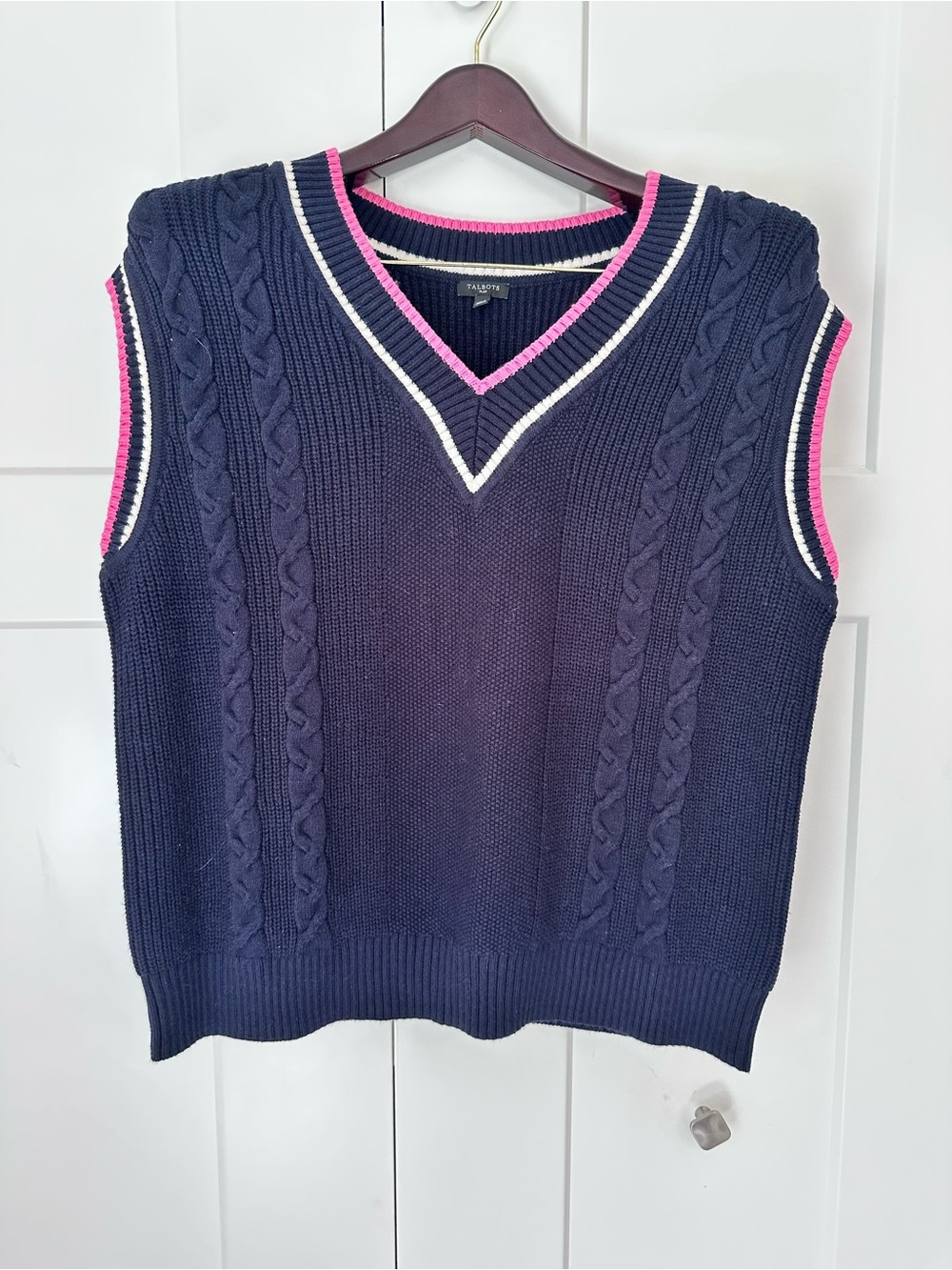Talbots PlusCable Knit V-Neck Sweater Vest - Navy with Pink Trim